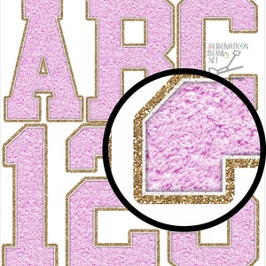 May include: Pink chenille letters and numbers with gold glitter borders. The letters A, B, C, and the numbers 1, 2, and 3 are visible. The image includes a close-up of the chenille texture. The letters and numbers are on a white background.
