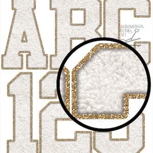White Gold Glitter CHENILLE Letters PNG Patches Varsity Alphabet Font sublimation png diy athletic printable bundle clipart download