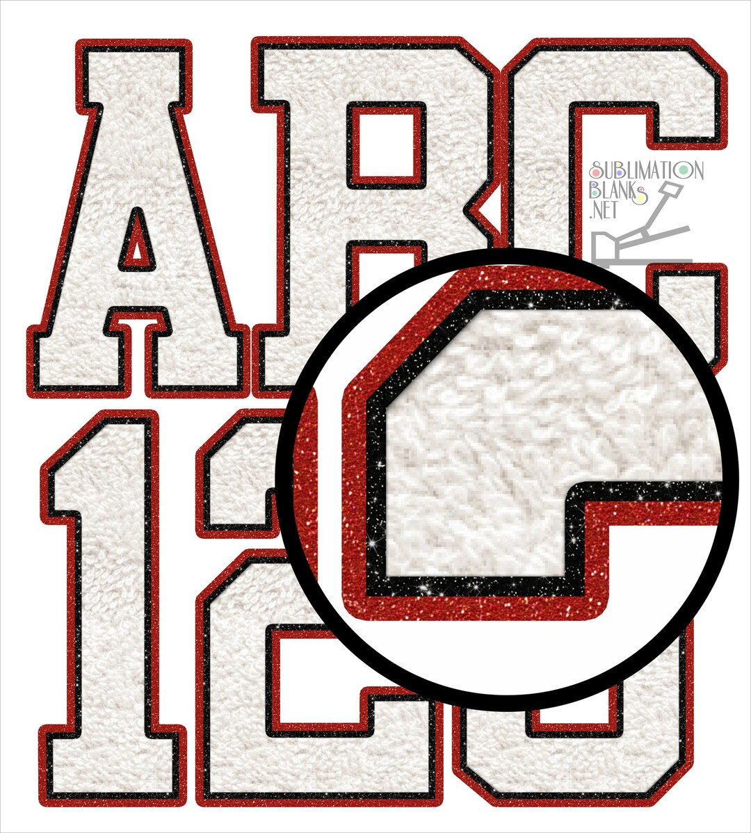 Red White Black Glitter, CHENILLE Letters, PNG, Patches, Varsity