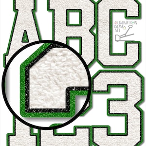 Green White Glitter, CHENILLE Letters, PNG, Patches, Varsity Alphabet, Glitter Font, Sublimation Design Downloads, sublimation png, Athletic