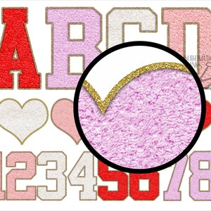 May include: A collection of decorative patches featuring letters, numbers, and hearts. The letters and numbers are in red, pink, and white with gold glitter borders. The hearts are white and pink with gold glitter borders. The image is on a white background.