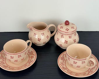 Johnson Brothers England Petite Fleur Pink  Sugar Creamer Flat Cup Saucer Set