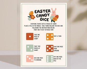 Pode incluir: Um jogo de dados de doces de Páscoa imprimível com instruções. Os dados têm pontos de cores diferentes e as instruções incluem pegar doces, dar doces e pular uma rodada.