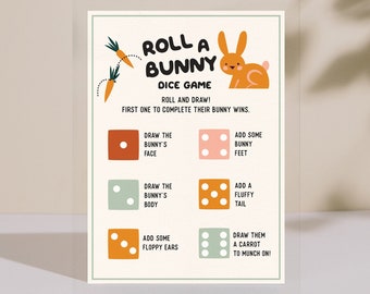 Pode incluir: Um tabuleiro de jogo imprimível com instruções para "Roll a Bunny" e desenhar um coelho rolando um dado. O tabuleiro tem seis resultados de dados diferentes, cada um com uma parte diferente do coelho para desenhar. O tabuleiro de jogo é ilustrado com um coelho de desenho animado e cenouras.