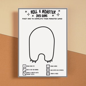 Pode incluir: Um tabuleiro de jogo imprim&iacute;vel em preto e branco com instru&ccedil;&otilde;es para "Roll a Monster" e completar o monstro rolando um dado e desenhando a parte do corpo correspondente. O tabuleiro inclui um contorno de monstro em branco e uma lista de partes do corpo para desenhar, como olhos, bra&ccedil;os, um chap&eacute;u, chifres, uma boca, dentes, manchas, listras e um nariz.