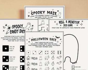 Pode incluir: Cartas de jogo de Halloween imprimíveis em preto e branco com temas assustadores como "Spooky Candy Dice", "Halloween Race", "Roll a Monster Dice Game" e "Spooky Maze".