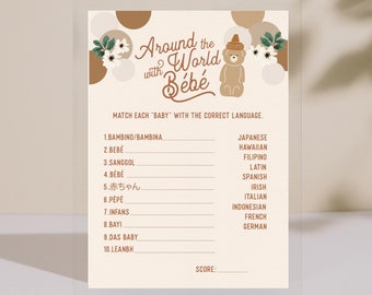 Around the World Honey Bear Baby Shower Floral Game Printable Instant Download