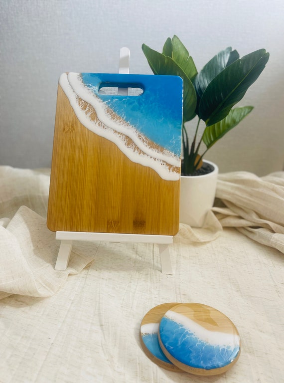 Coastal Elegance: Bamboo & Resin Wave Charcuterie Board with Handle