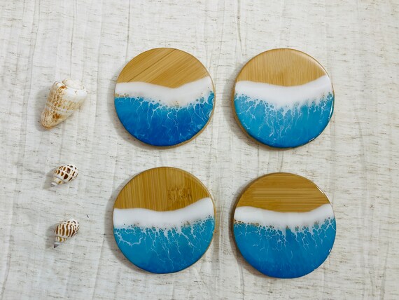 Oceanic Elegance: Handcrafted Bamboo Coasters with Resin Wave Accents