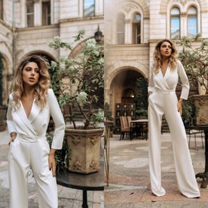 White wedding jumpsuit long sleeves, Bridal jumpsuit for women, White Formal Jumpsuit Womens, Graduation Wide Leg Overalls, Birthday Outfit