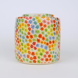 May include: A ceramic storage jar with a lid, decorated with a pattern of small, multi-coloured flowers. The flowers are in shades of red, orange, yellow, green, blue, and purple, set against a cream background. The jar is cylindrical in shape.