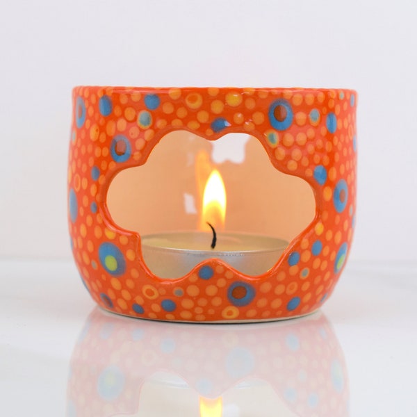 Orange Spotty Ceramic Candle holder/Contemporary/Stoneware/Hand thrown Ceramics/Cute ceramics/Gift/Tea light holder/Quirky Ceramics