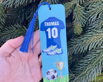 Personalised football themed metal book mark bookmark tassel boy girl child reading gift