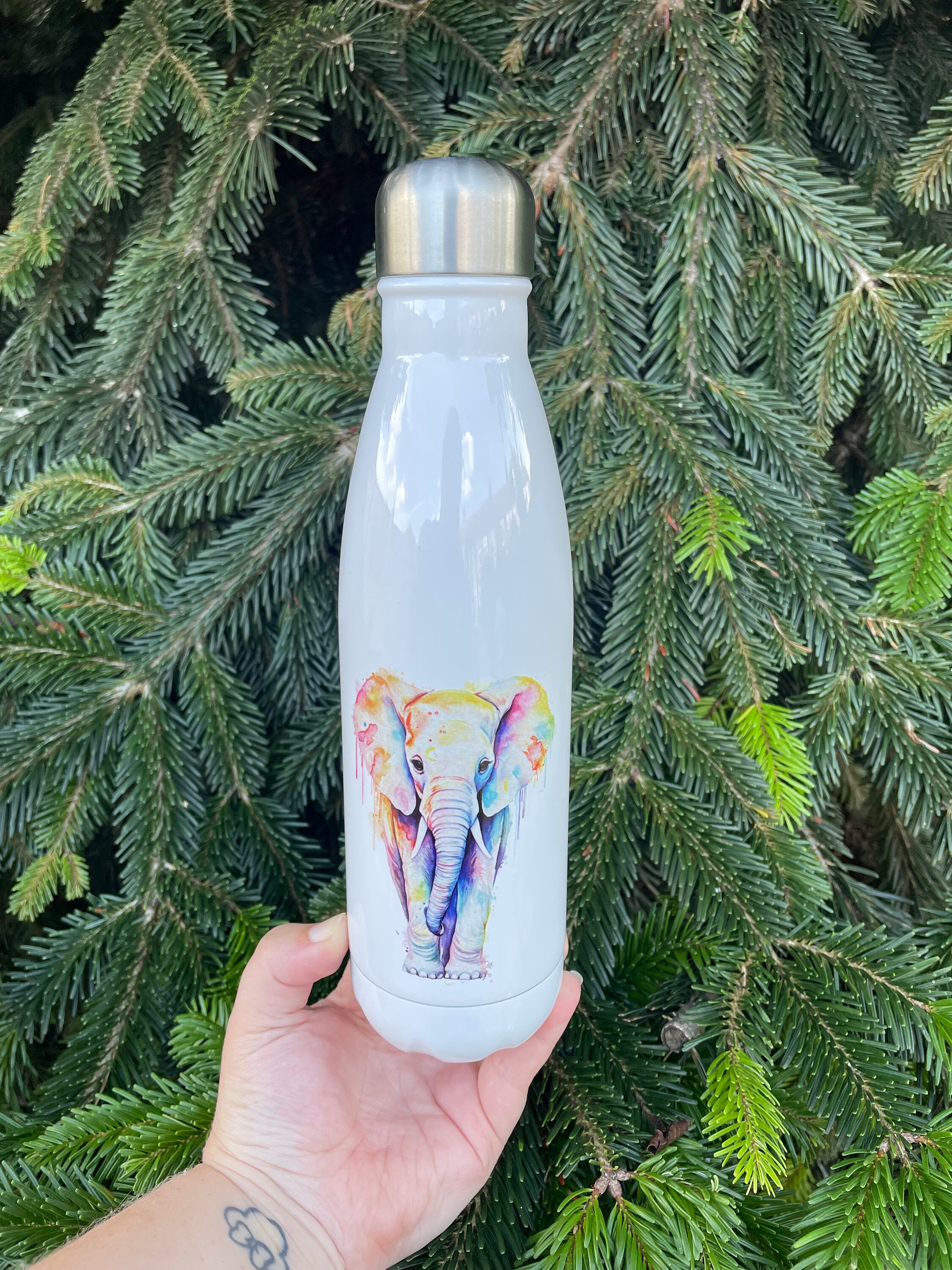 Elephant water bottle | double walled bottle | stainless steel | sublimation | sketchy rainbow design | personalised water bottle