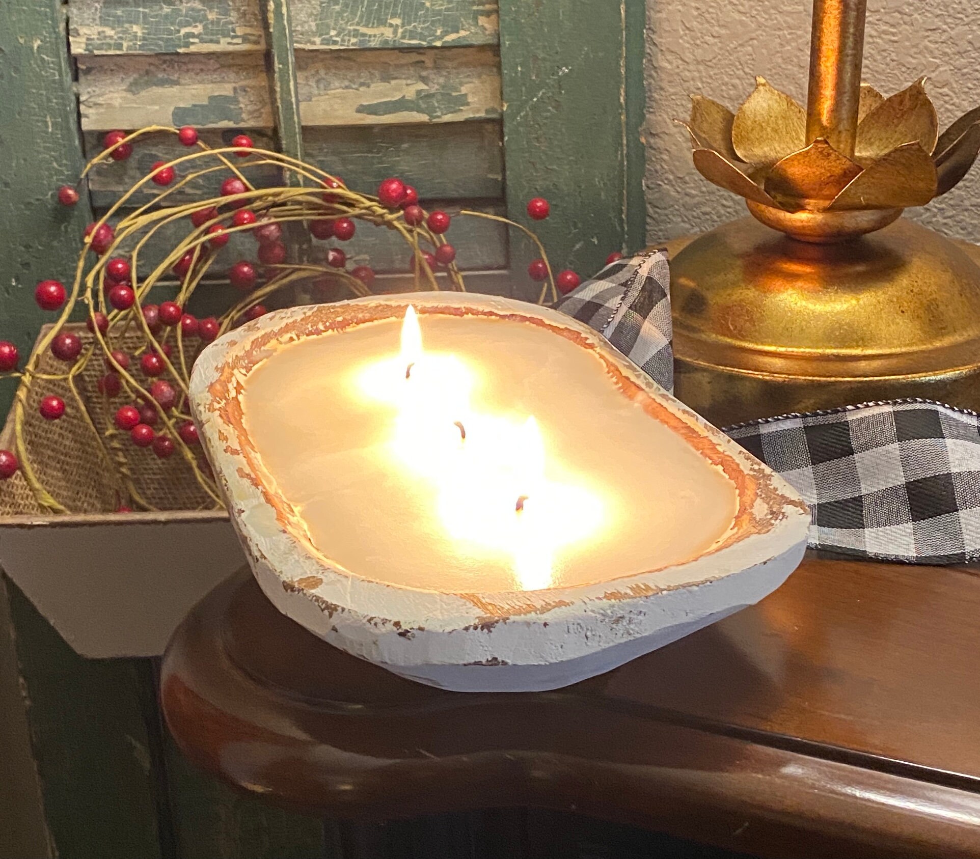 White Dough Bowl Candle Home Decor Farmhouse Decor Rustic Etsy