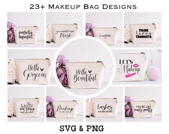May include: A collection of canvas makeup bags with various black text designs, including "Hello Gorgeous," "Essentials," and "Let's Makeup." The bags are displayed with purple flowers and a white background. The image also includes the text "23+ MAKEUP BAG DESIGNS" and "SVG & PNG."
