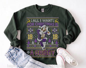 T-shirt de Noël moche Justin Jefferson « Tout ce que je veux, c'est un t-shirt graphique à carreaux », sweat-shirt de football n° 18, couleurs confortables, cadeau de Noël pour les fans