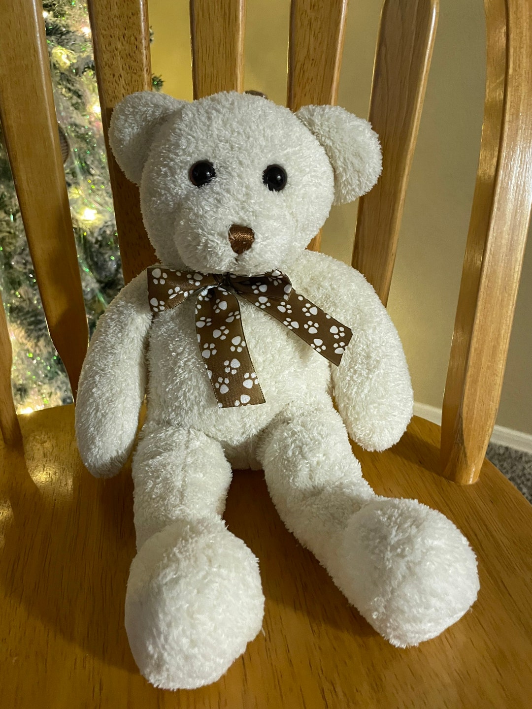 White Teddy Bear With Brown Paw Print Ribbon Stuffed Animal Plush Toy ...