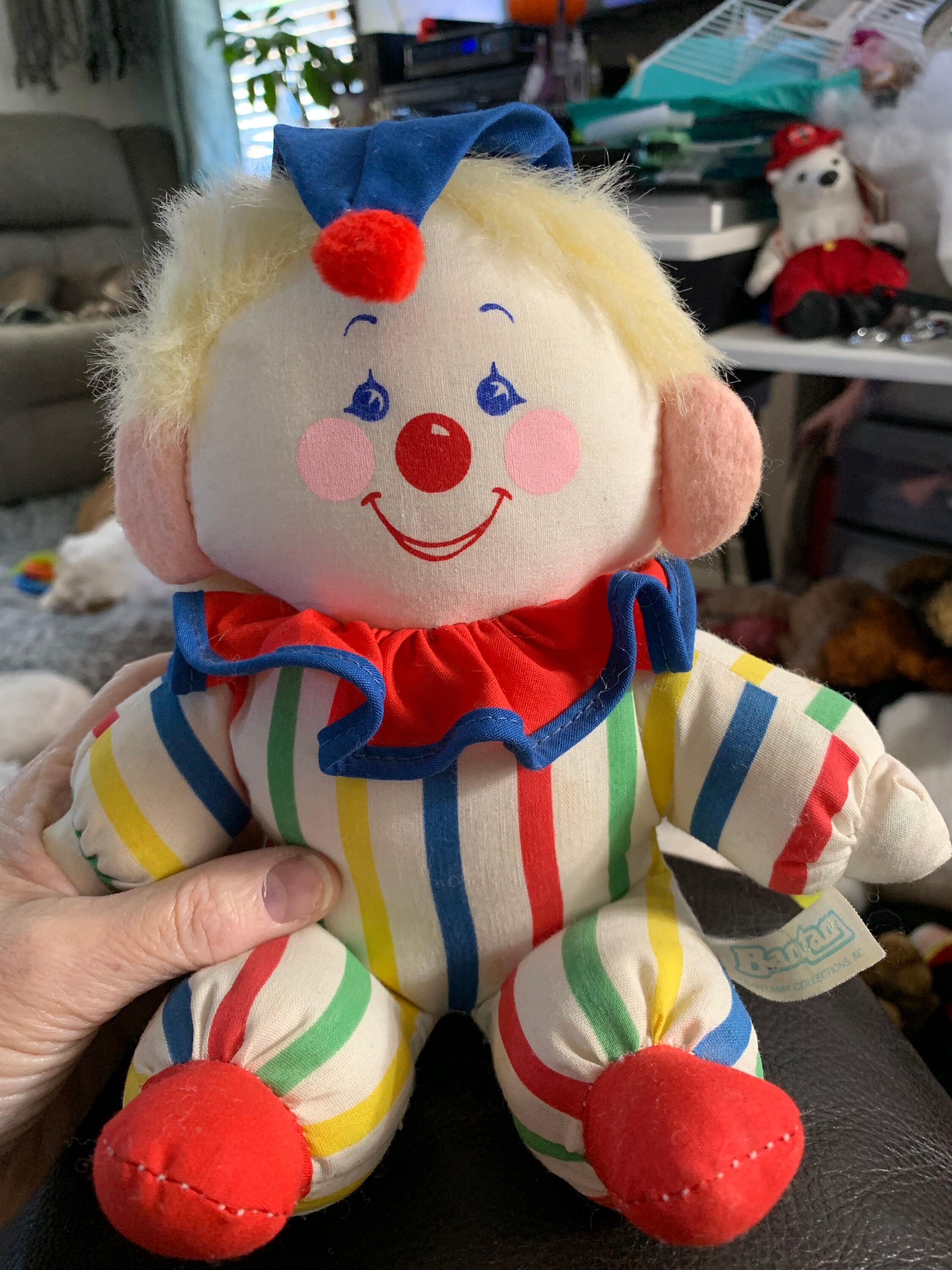 Vintage Bantam Musical Wind up Clown Plush Baby Toy. Striped
