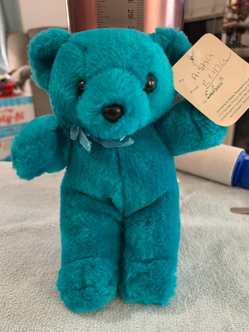 Vintage Small Blue/teal Teddy Bear Plush With Tag. by Embrace Etsy