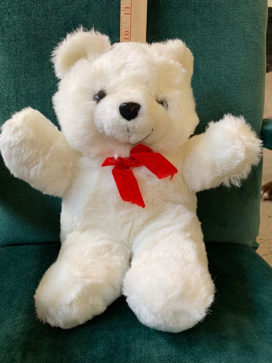 Small Stuffed Bear with Bow; Adjustable Head, Arms, & Legs; Off-white