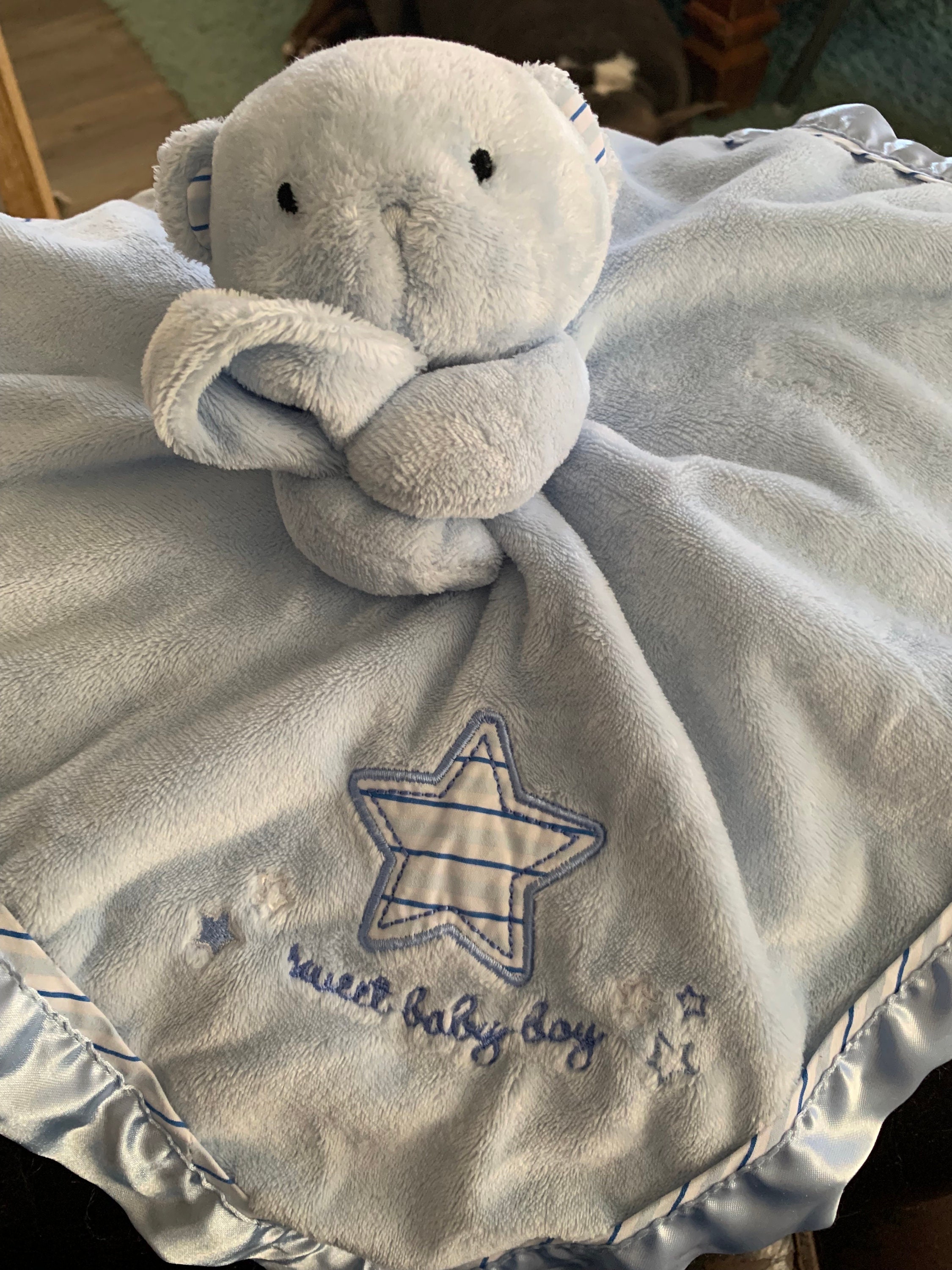 Carters Baby Blue Bear Security Blanket Lovey Lovie With Blue Satin Trim With Striped Trim and Stars. Says Sweet Baby Boy. Etsy