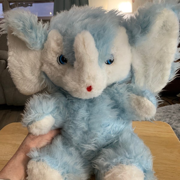 Fuzzy Blue and White Elephant Plush With Large Ears. Vintage. No tush tag. Great condition