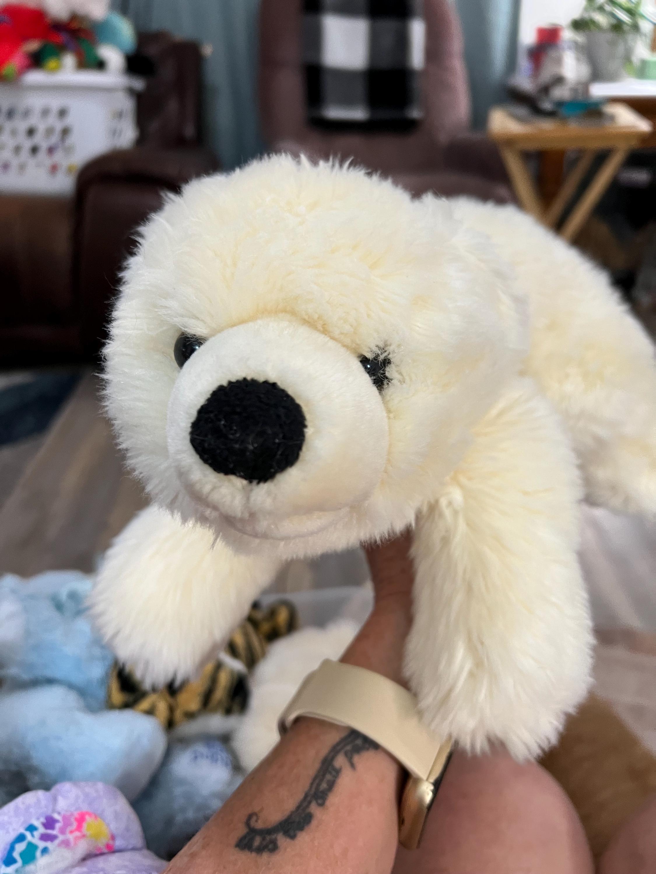 Sea World White Furry Polar Bear Plush. Laying Down. Medium Large