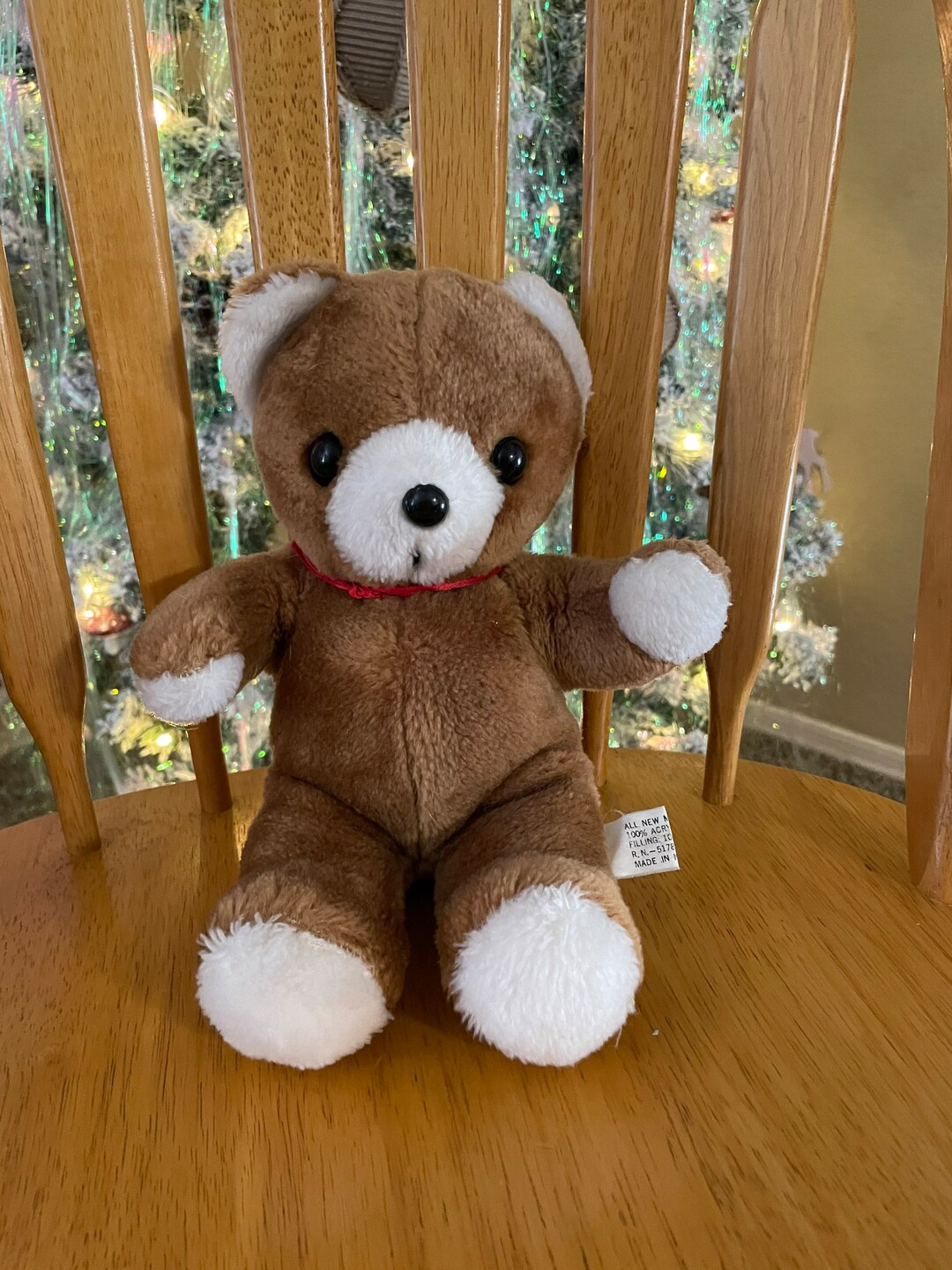 Small Brown and White Teddy Bear With Red Ribbon Stuffed Animals Plush ...