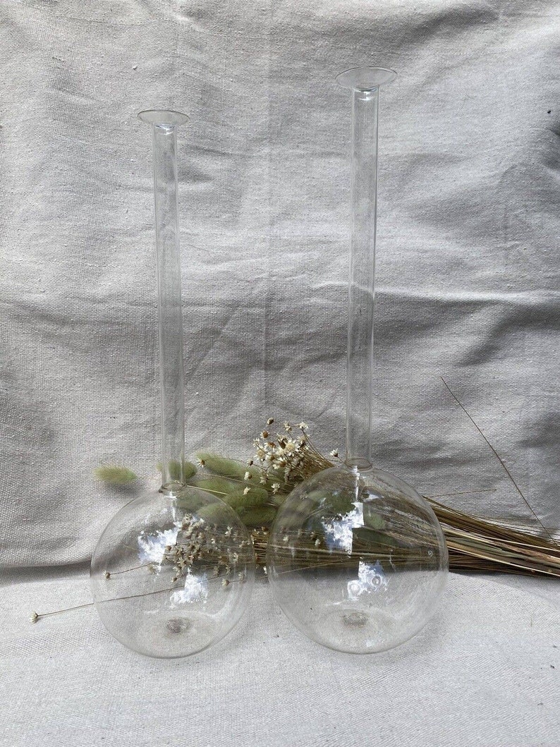 Vintage Long Neck Chemistry Glass Vases Finley Pair Etsy