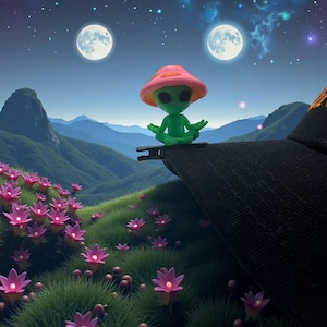May include: A green alien figure wearing a pink mushroom hat, in a yoga pose. The alien is on a black surface, with a backdrop of mountains, flowers, and two moons in a starry night sky.