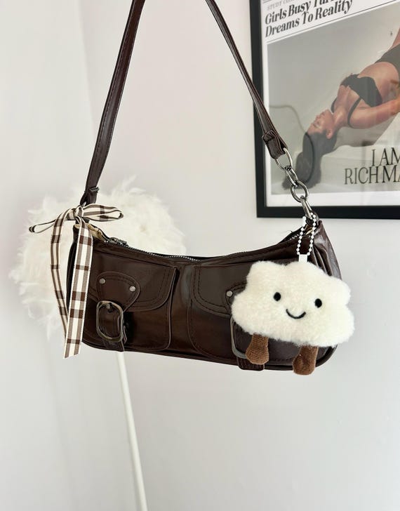 Brown leather Shoulder Bag, Y2K Baguette Bag, Coquette Aesthetic Purse, Buckle mini Handbag, Cute cloud keyring charm, Girly Women’s bag