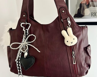 Y2K Red Burgundy Handbag with Rabbit Bag Charm Keyring Leather Tote Work Bag Shoulder Bag Retro Uni Bag Girly Rope heart Crossbody Grunge