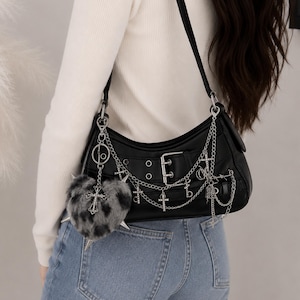 Y2K Black Shoulder Bag With Chains, Punk Gothic Crucifix Cross Pin 