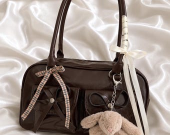 Y2K Brown Handbag with Pockets, Bunny Rabbit Shoulder Bag, Brown Coquette Handbag, Faux Leather Tote Work Bag, Girly Soft Girl bag, Vintage