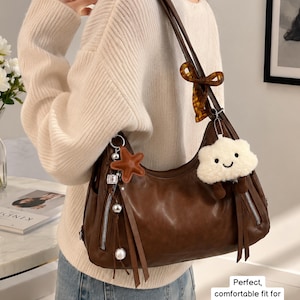Y2K Brown Leather Shoulder Bag with Cloud Keyring, Coquette handbag, Hippie Hobo Bag, Custom Aesthetic Tote, Decorated bag with Charms image 4