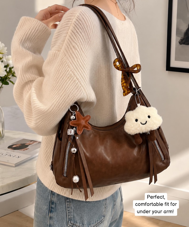 Y2K Brown Leather Shoulder Bag with Cloud Keyring, Coquette handbag, Hippie Hobo Bag, Custom Aesthetic Tote, Decorated bag with Charms image 4