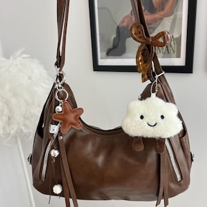 Y2K Brown Leather Shoulder Bag with Cloud Keyring, Coquette handbag, Hippie Hobo Bag, Custom Aesthetic Tote, Decorated bag with Charms image 1
