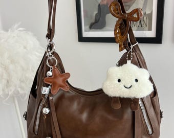 Y2K Brown Leather Shoulder Bag with Cloud Keyring, Coquette handbag, Hippie Hobo Bag, Custom Aesthetic Tote, Decorated bag with Charms
