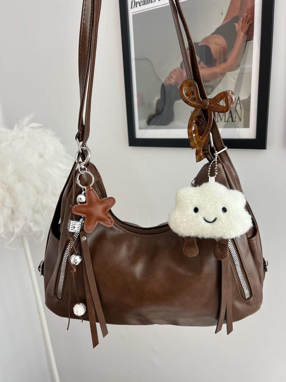 Y2K Brown Leather Shoulder Bag with Cloud Keyring, Coquette handbag, Hippie Hobo Bag, Custom Aesthetic Tote, Decorated bag with Charms