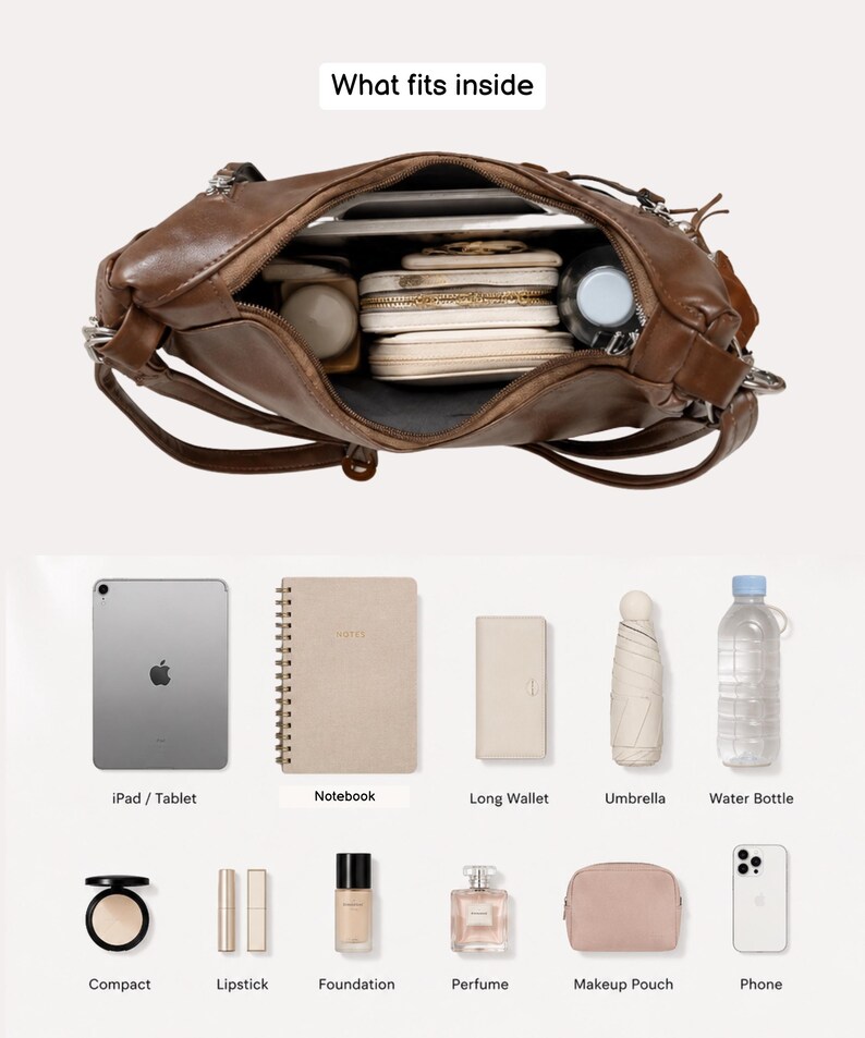 May include: A brown shoulder bag shown from an overhead perspective with an open main compartment containing various items. Below the bag, a collection of organized accessories includes a tablet, notebook, wallet, umbrella, water bottle, compact, lipstick, foundation, perfume, makeup pouch, and a phone.