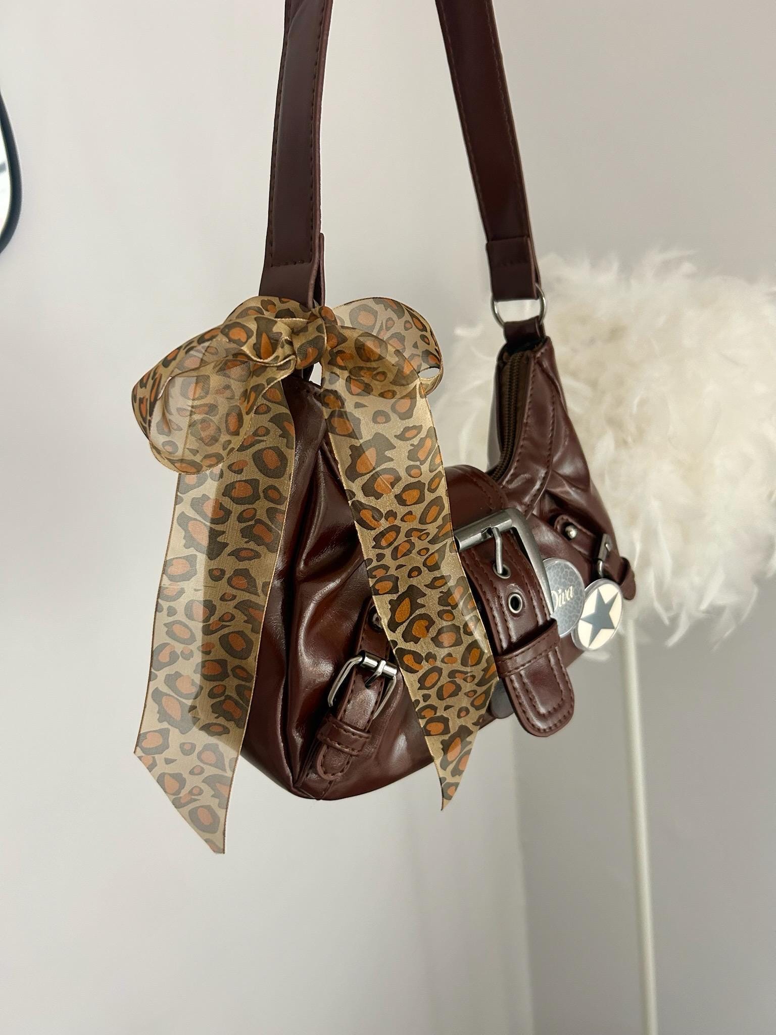 Y2K Brown Shoulder Bag With Pin Badges, Leopard Bow, Retro Buckle 