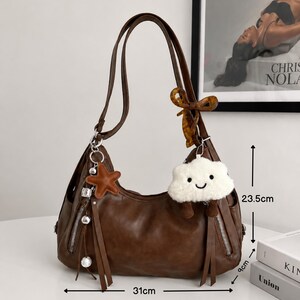 Y2K Brown Leather Shoulder Bag with Cloud Keyring, Coquette handbag, Hippie Hobo Bag, Custom Aesthetic Tote, Decorated bag with Charms image 2