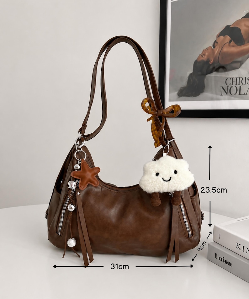 Y2K Brown Leather Shoulder Bag with Cloud Keyring, Coquette handbag, Hippie Hobo Bag, Custom Aesthetic Tote, Decorated bag with Charms image 2