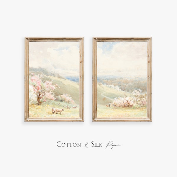 Vintage Spring Landscape Prints, Field with Flowers, Farmhouse | Printable Painting Set of Two | Antique Prints | Digital PRINTABLE #GS7