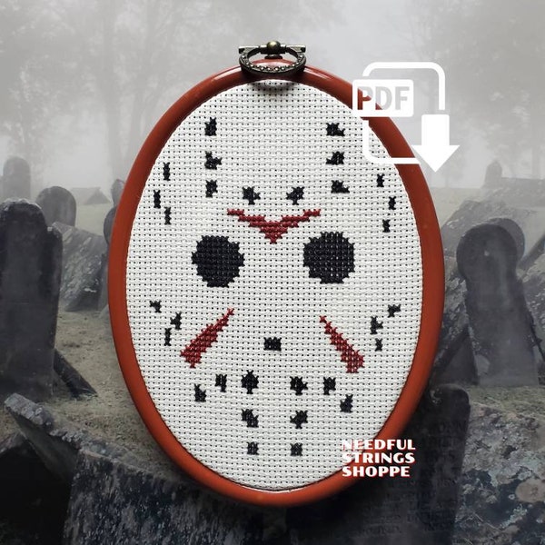 PDF DOWNLOAD | Jason Voorhees Mask | cross stitch pattern | horror movie slasher classics | Friday the 13th | Halloween decor | scary