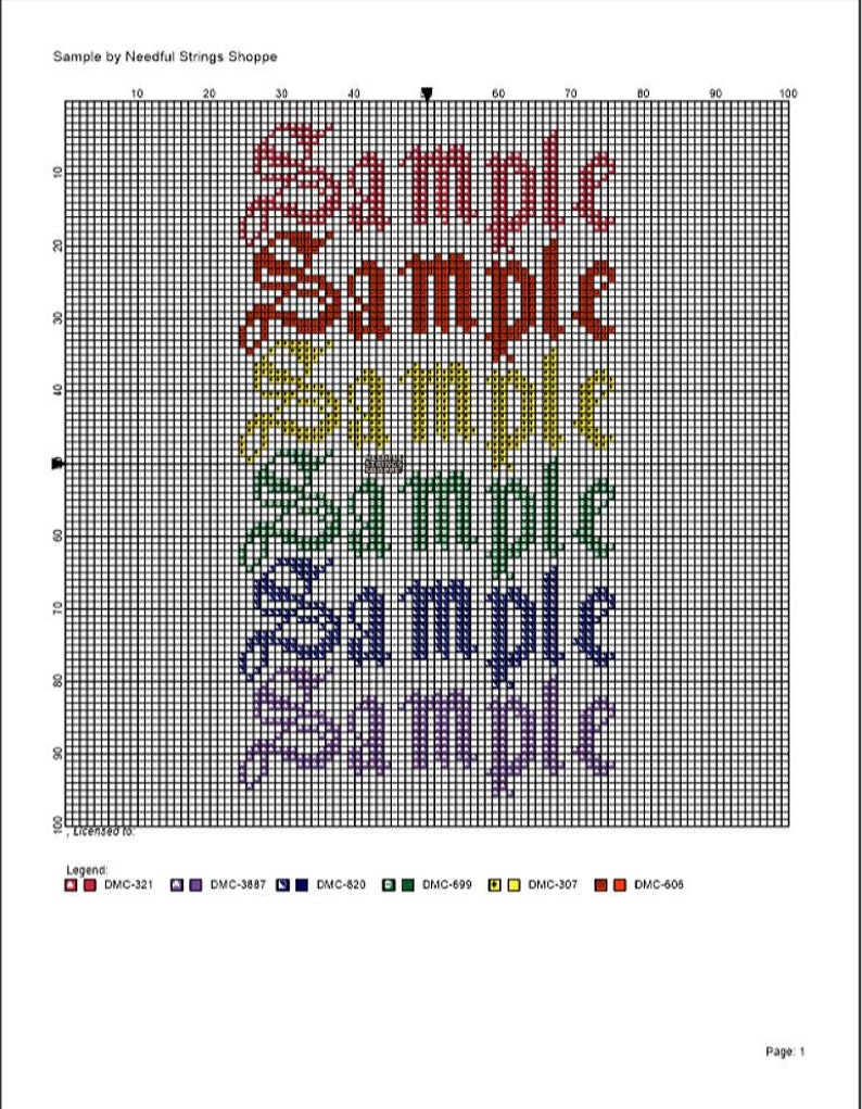 May include: Cross stitch pattern for the word "Sample" in five different colors: red, orange, yellow, green, and purple. The pattern is on a grid with a legend showing the DMC floss colors.
