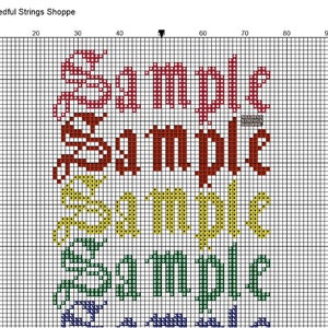 May include: A cross-stitch pattern for the word "Sample" in four different colors: red, brown, yellow, and green. The pattern is displayed on a grid.