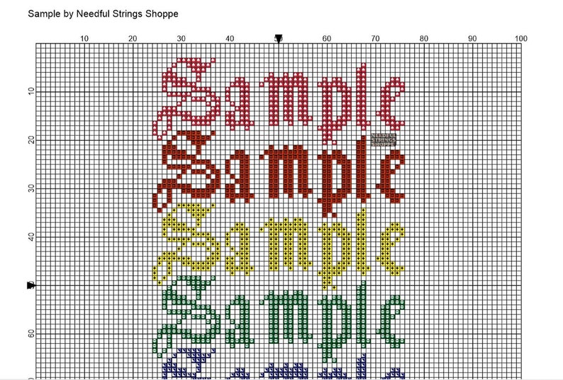 May include: A cross-stitch pattern for the word "Sample" in four different colors: red, brown, yellow, and green. The pattern is displayed on a grid.