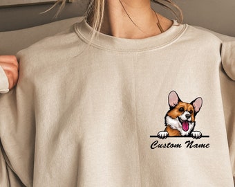 Cardigan Welsh Corgi Dog Mom Sweatshirt, Personalized Dog Name Hoodie, Custom Sweatshirt for Dog Mom, Mothers Day Gift, Pocket Print, E410